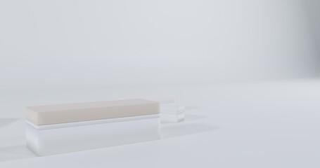 Minimalist 3D two-tone podium in white and beige on pure white — clean, modern stage ideal for product mockups, presentations, or luxury design concepts.