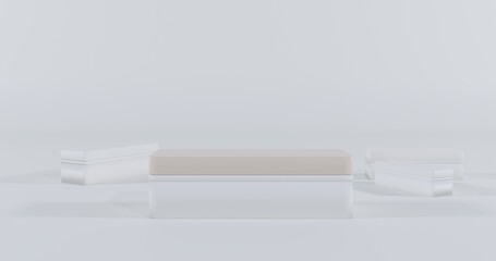 Minimalist 3D geometric podiums in beige and white on soft white — clean, modern stage ideal for product mockups, presentations, or abstract design concepts.