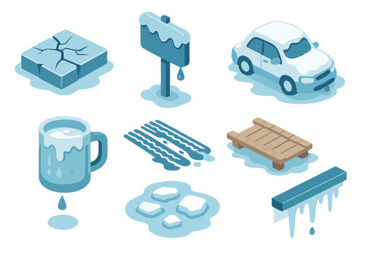 Melting Ice Transitions. Ice to Water set icons in flat vector style cracked ice slab melting, dripping frozen signpost, snow-covered car thawing, melting frosty mug, slushy tire
