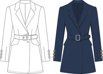 Belted coat fashion illustration vector set, navy and sketch versions, notched lapel, flap pockets, gold buttons, garment design template