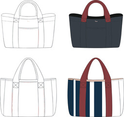 Tote bag fashion illustration vector set, multicolor stripe, red handle, white and navy designs, stitching detail, garment accessory template