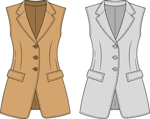 Sleeveless vest fashion illustration vector set, tailored long blazer, notched lapel, button front, flap pockets, garment sketch, clothing design
