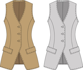Sleeveless vest fashion illustration vector set, V-neck button front, flap pockets, garment construction sketch, tan and gray clothing design