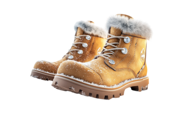 Stylish holiday themed snow boots with faux fur trim designed for cozy winter fashion and festive outdoor wear isolated on transparent background PNG