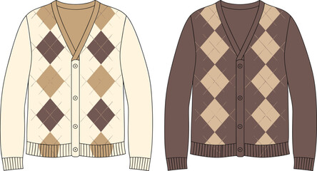 Argyle cardigan fashion illustration vector set, V-neck button-down sweaters, cream and brown color variations, knitwear design, garment template