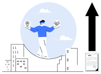 Person walking a rope balancing lightbulb and handshake over urban scene. Ideal for innovation, collaboration, business strategy, balance, growth, decision-making, simple flat metaphor