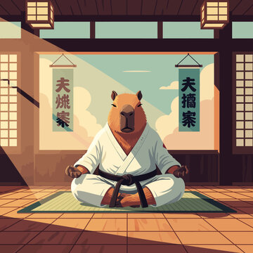 Capybara practicing martial arts in a dojo