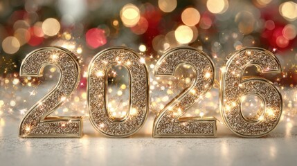 Gold 2026 numbers with sparkling glitter and festive bokeh lights, symbolizing New Year celebration and holiday elegance