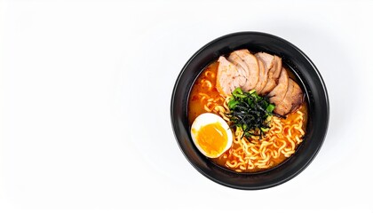Ramen Bowl Isolated on White Background — Japanese Noodle Soup with Egg and Toppings