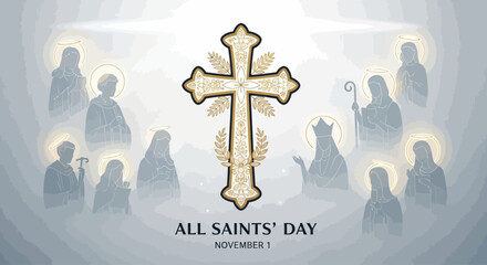 Celebrate All Saints' Day with a stunning cross design and angelic figures, perfect for religious observance and honoring the saints in faith communities worldwide, November 1