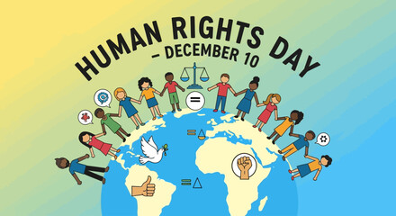 Celebrate global unity and equality on Human Rights Day December 10th with diverse people holding hands around the world, promoting peace, justice, and universal rights for all