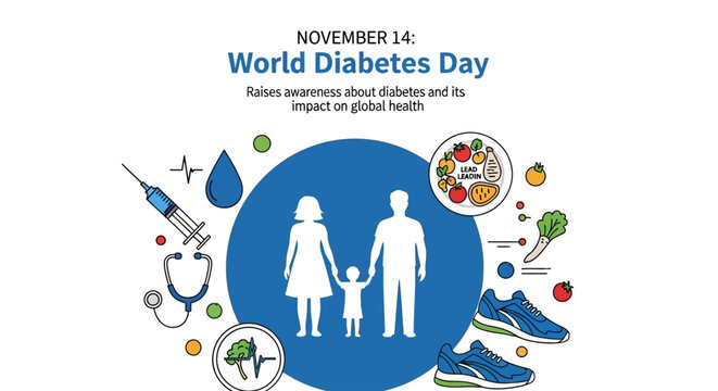 Inspiring World Diabetes Day campaign raising awareness for global health, featuring families, healthy food, medical tools, and athletic shoes promoting prevention and wellness