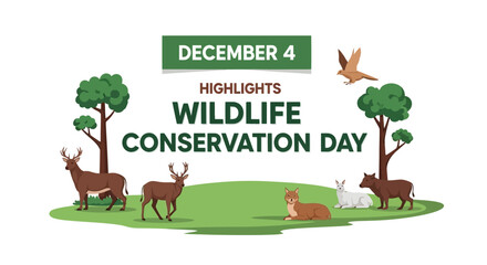Celebrate Wildlife Conservation Day on December 4th with a vibrant scene of deer, a bird, and other animals thriving in their natural habitat, a perfect visual for environmental awareness campaigns