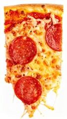 Slice of Pepperoni Pizza Isolated on White Background — Delicious Fast Food with Melting Cheese