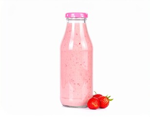 Strawberry Smoothie Isolated on White Background — Refreshing Summer Drink in Glass Bottle