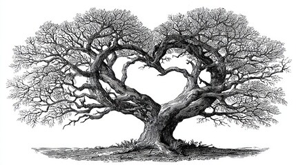 Silhouette of a bare tree with intertwined branches forming a heart shape against white