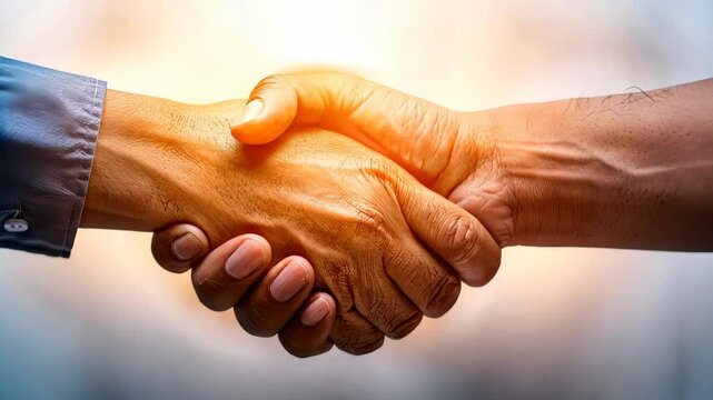 Deal Pact: A close-up shot of two hands clasped in a firm handshake, symbolizing a solid agreement and understanding. Warm light bathes the scene.