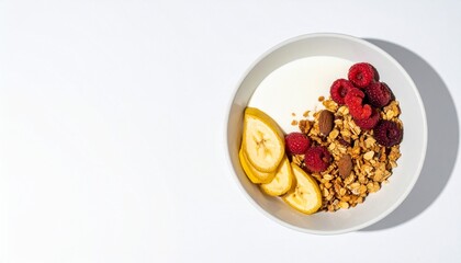 Top view of granola, yogurt, and fruits served on a white background with bright natural light. Minimal and clean composition perfect for nutrition, healthy lifestyle, and wellness concepts.