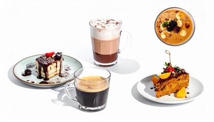 Trendy Modern Food and Drink Isolated on White Background — Aesthetic Coffee, Desserts, and Refreshing Beverages for Lifestyle Concept