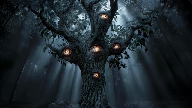 Mystical tree with glowing eyes in a dark, foreboding forest