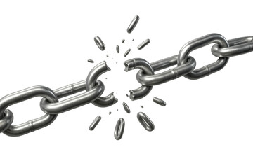 Breaking silver metal chain symbolizing freedom, strength, weakness, liberation, and overcoming challenge, transparent background