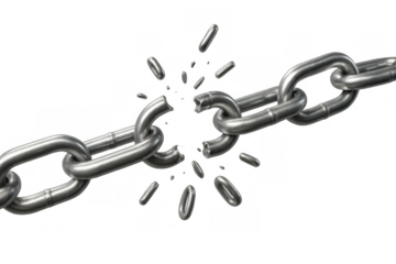 Breaking silver metal chain symbolizing freedom, strength, weakness, liberation, and overcoming challenge, transparent background