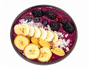 Acai Bowl Isolated on White Background — Healthy Superfood Smoothie Bowl with Fresh Fruits