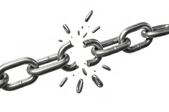 Breaking silver metal chain symbolizing freedom, strength, weakness, liberation, and overcoming challenge, transparent background - Powered by Adobe