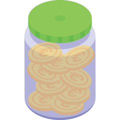Glass Jar Filled with Golden Euro Coins Under a Green Lid Isolated on a Transparent Background Representing Savings and Financial Growth
