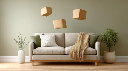 Modern living room with floating cardboard boxes and minimalist decor design