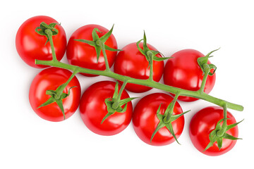 Cherry tomato bunch closeup isolated on white background. Top view. Flat lay