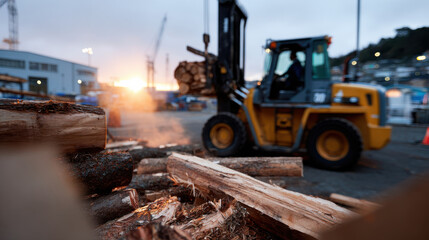 Fototapeta premium A forklift lifts logs at a lumber yard during sunset, with a beautiful glow in the background highlighting the industrial activity and rich texture of the wood.