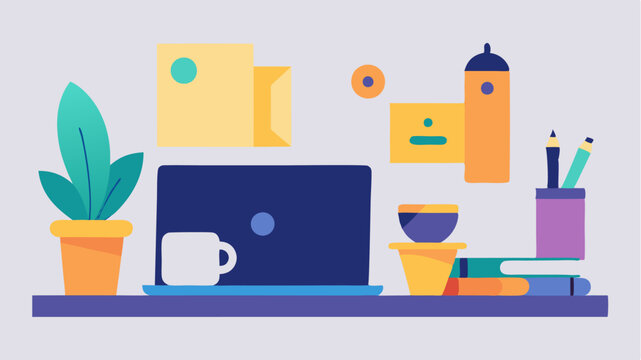 A creative workstation with a large desk a stylish laptop an artisan coffee cup and colorful stationery carefully arranged hinting at artistic pursuits.