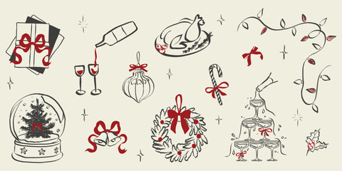 Retro doodles of Christmas party. Vintage new year icons dinner meals in chalk and crayon drawing. Xmas party elements for poster and greeting cards. Quirky holiday vector illustration
