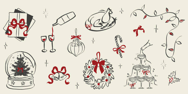 Retro doodles of Christmas party. Vintage new year icons dinner meals in chalk and crayon drawing. Xmas party elements for poster and greeting cards. Quirky holiday vector illustration