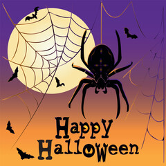 Halloween vector illustration of a spider on a web with bats and a big moon background