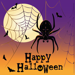 Halloween  illustration of a spider on a web with bats and a big moon background