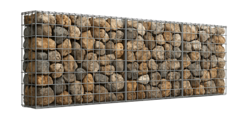 Eco-friendly garden fence made of gabion walls filled with local stones.