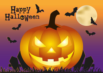 Giant pumpkin lantern with full moon and flying bats, Halloween  illustration
