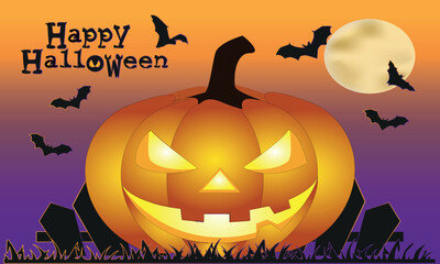 Giant pumpkin lantern with full moon and flying bats, Halloween vector illustration