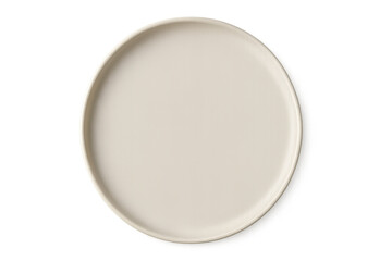 Round cream white empty ceramic plate, view from top, tableware for food on transparent background