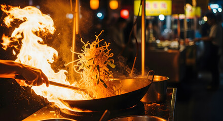 Dramatic fiery wok cooking of Asian noodles at a night market.