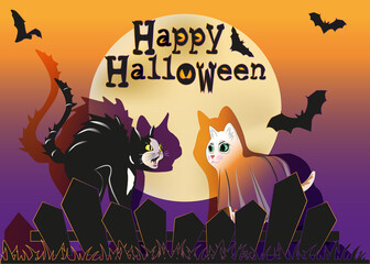 Scared black cat and ghost cat under the full moon with flying bats, Halloween  illustration