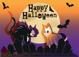 Scared black cat and ghost cat under the full moon with flying bats, Halloween vector illustration