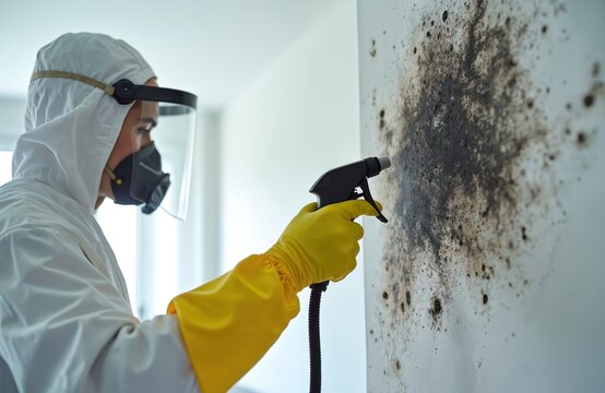 Worker in protective suit sprays contaminated wall with mold. Pro mold removal service is in action. Disinfection, sanitation and refurbishment concept. - Powered by Adobe