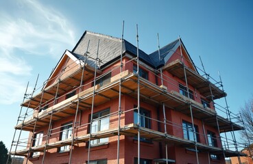 Obraz premium New apartment building construction site in England, UK. Red brick facade, scaffoldings, and clear blue sky. Development project, real estate, housing. New residential property for living.