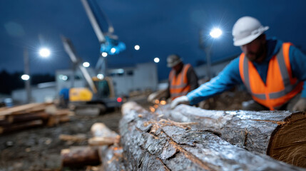 Naklejka premium This image captures lumber workers in reflective vests operating machinery at a construction site, working with logs under bright artificial lights during the night.