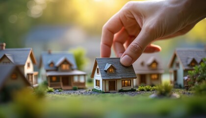 Hand carefully selects miniature house from row of model homes, crucial decision of buying property. Scene represents real estate choice, investment, dream of homeownership in developing community.