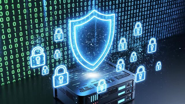 3D Cybersecurity Data Protection Animation with Glowing Shield and Server