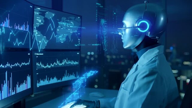 Robot wearing a lab coat and headphones works at a computer with multiple monitors displaying financial data.